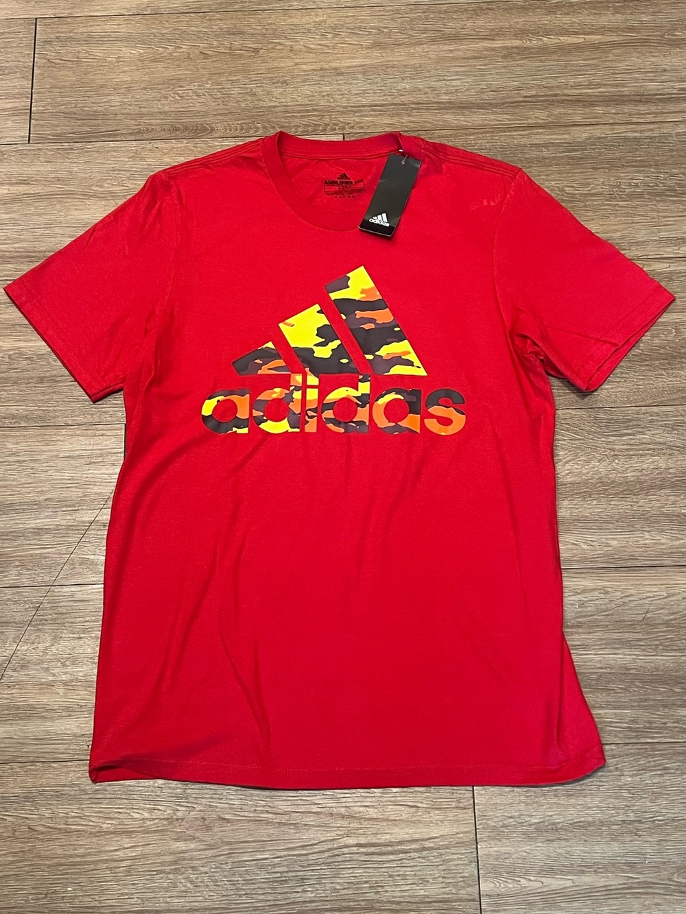 adidas Red Short-Sleeve Tee with Yellow/Black Camo Logo